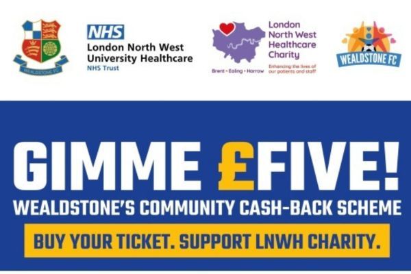 An image telling people how GimmieFive works and how to purchase a ticket for Wealdstone FC football games.