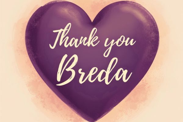 A purple heart with the words Thank you Breda in the centre.