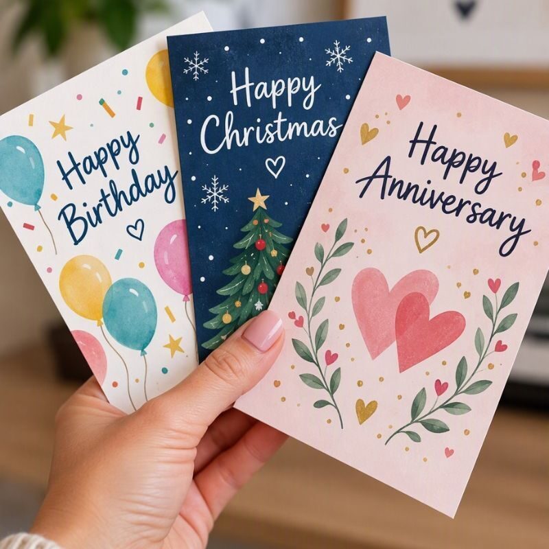 A woman holding a card that says happy birthday, another that says happy Christmas and another that says happy anniversary.